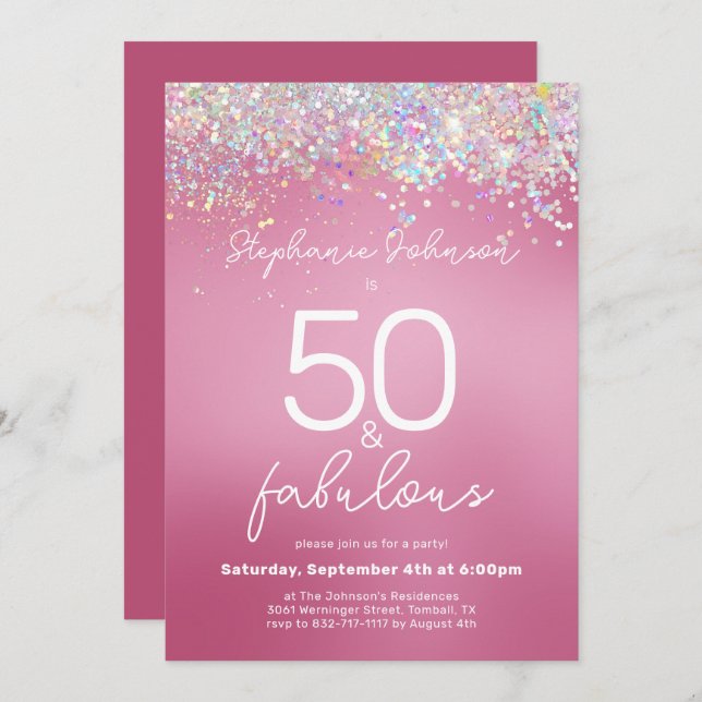 Rosa Glitter 50 och Fabulous 50:e Födelsedagsfeste Inbjudningar (Fram/baksida)