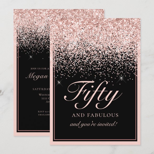  Rosa Glitter 50 och Fabulous Birthday Inbjudningar (Fram/baksida)