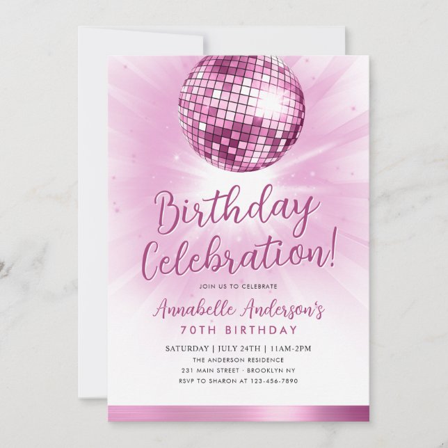  Rosa Glitter 70-talet Party Disco Boll födelsedag Inbjudningar (Framsida)