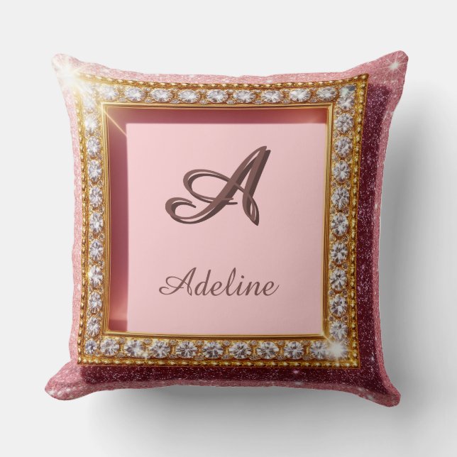 Rosa glitter Anpassat namn Monogram Kudde (Framsida)