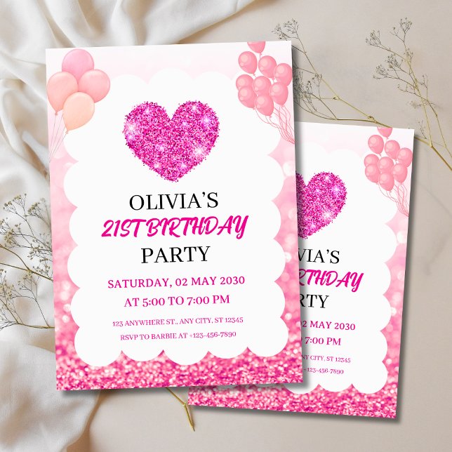 Rosa glitter & ballonger Födelsedagsfest  Inbjudningar (Pink Glitter & Balloons Birthday Party Invitation
)