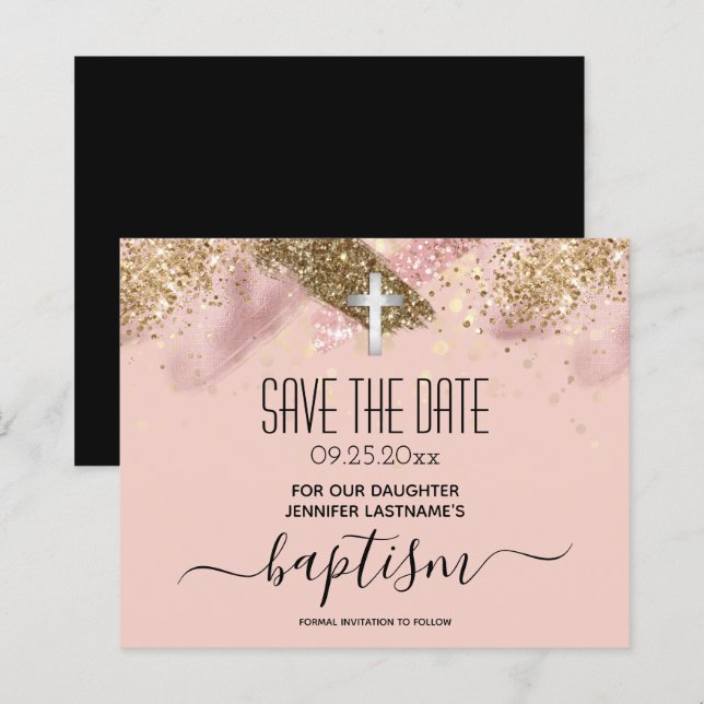 Rosa Glitter Baptism Spara datumbudgeten (Fram/baksida)