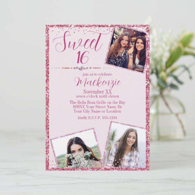 Rosa glitter & bilder Söt 16-årsfest Inbjudningar (Stående Fram)