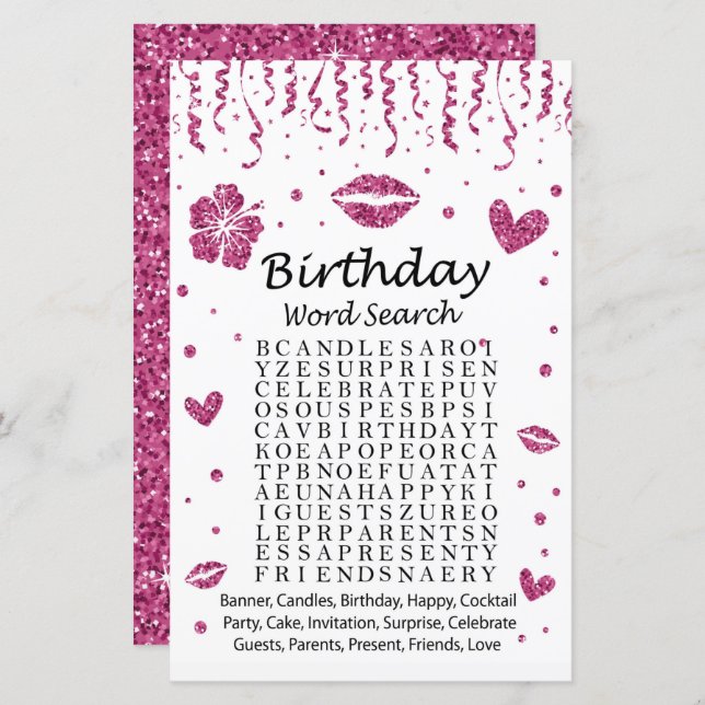 Rosa glitter Birthday Ord Search Game (Fram/baksida)