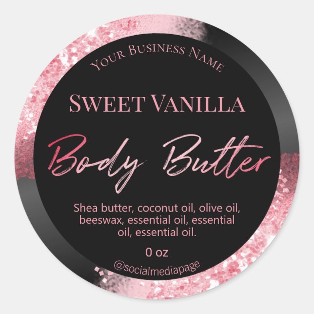 Rosa Glitter Black Body Butter Labels Runt Klistermärke (Framsida)