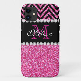 Rosa Glitter Black Chevron Monogram