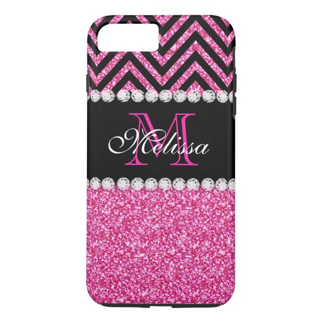 Rosa Glitter Black Chevron Monogram Girly Case-Mate iPhone Skal (Baksida)
