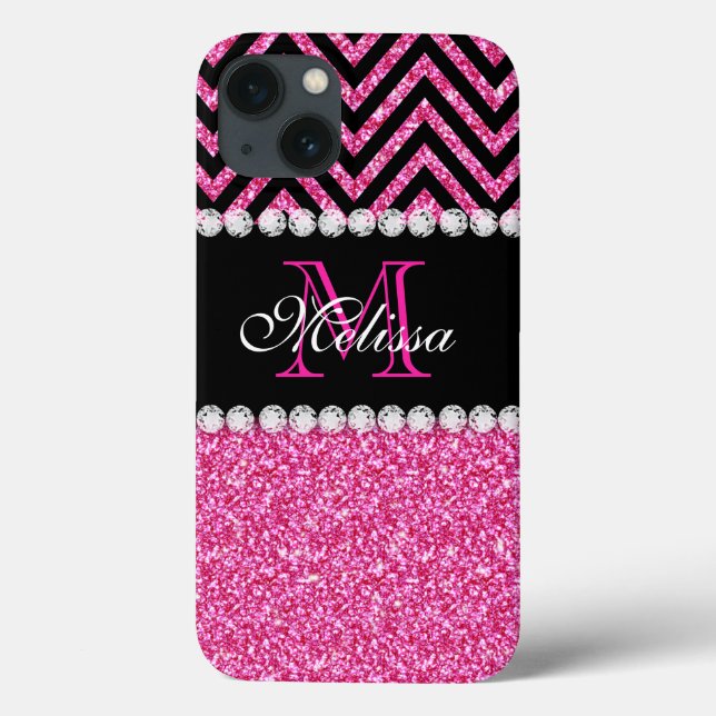 Rosa Glitter Black Chevron MonogramMED (Baksida)