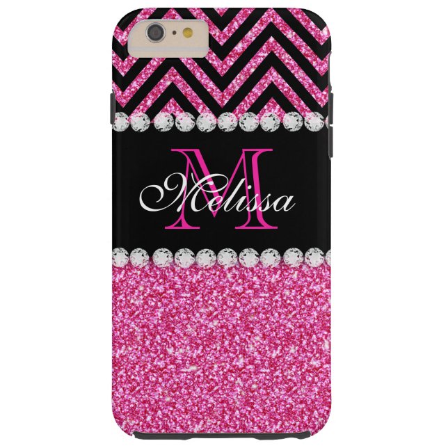 Rosa Glitter Black Chevron MonogramMED Case-Mate iPhone Skal (Baksidan)