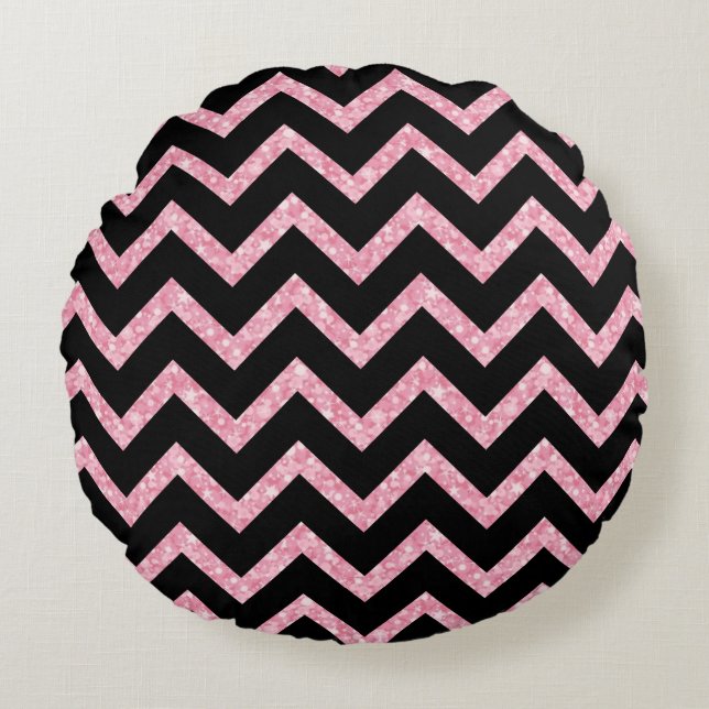 Rosa Glitter Black Chevron Zigzag Mönster Rund Kudde (Framsidan)