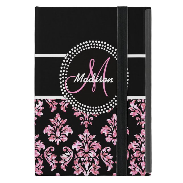 ROSA GLITTER BLACK DAMASK DIN MONOGRAM iPad MINI SKAL (Framsidan Closed)