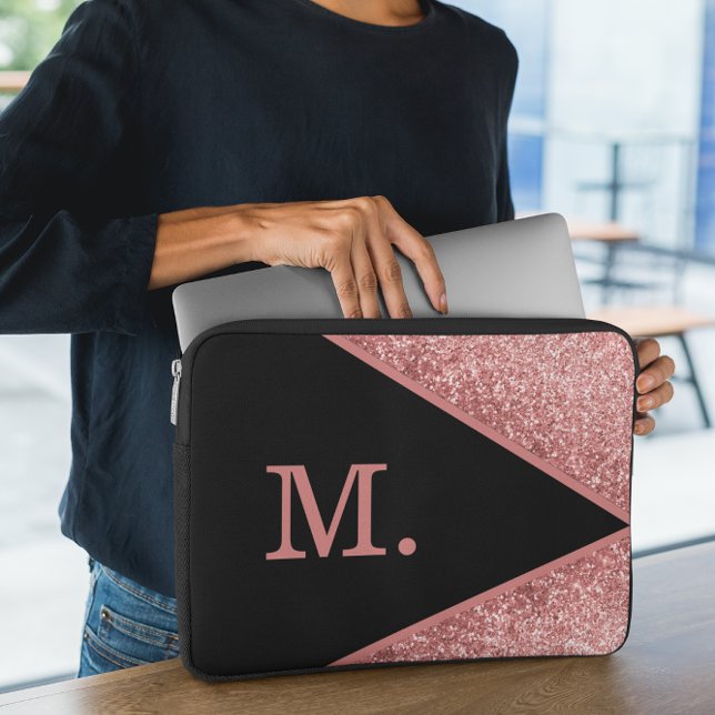 Rosa Glitter Black Monogram Laptop Fodral (Skapare uppladdad)
