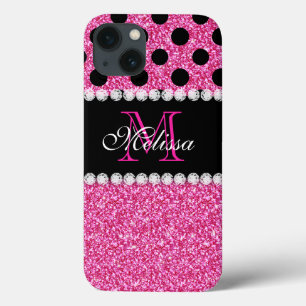 Rosa Glitter Black Polka dots monogrammad