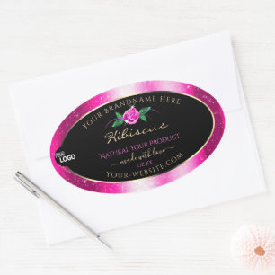 Rosa Glitter Black Product Labels Blommigt Ro Logo Ovalt Klistermärke
