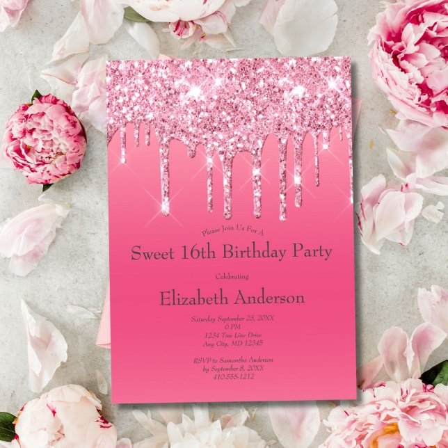 Rosa Glitter Bling Sweet 16:e födelsedagen Inbjudningar (Pink Dripping Glitter Glam Bling 16th birthday party invitation)