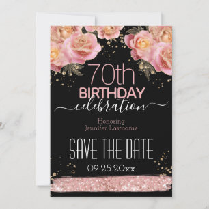 Rosa glitter blommig 70-årsdag Spara datumet Inbjudningar