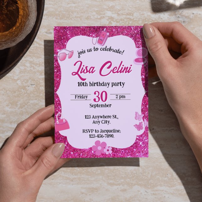 Rosa Glitter Blommigt Flickor på födelsedagsinbjud Inbjudningar (Pink Glitter Floral Girl Birthday Invitations - Sparkly & Feminine Bday Invites)