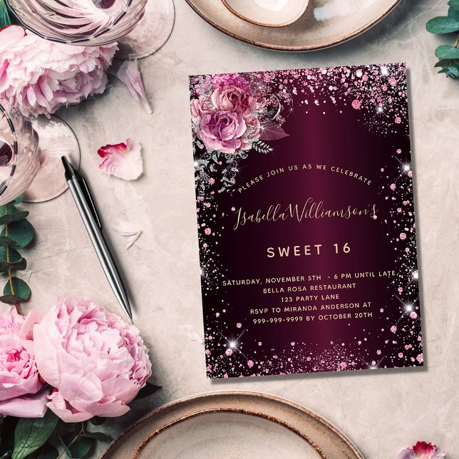Rosa glitter blommigt glamorös  inbjudan vykort (Skapare uppladdad)