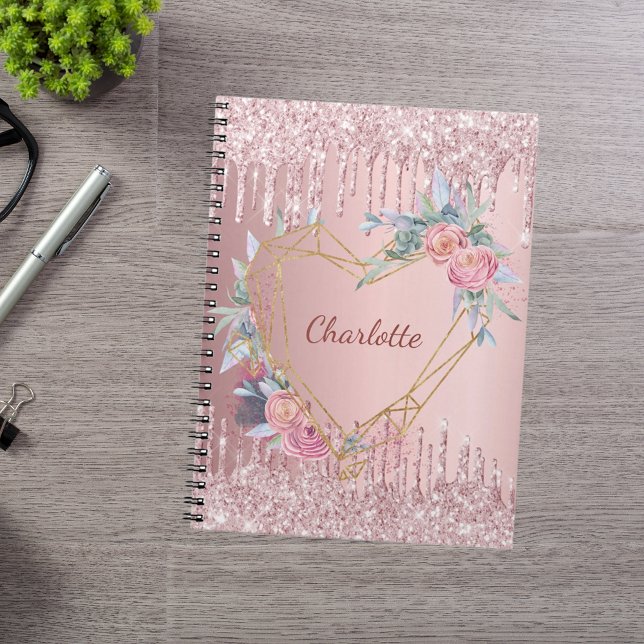  rosa glitter blommigt monogram namn anteckningsbok (Skapare uppladdad)