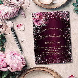 Rosa glitter blommigtar vid födelsedagspburgundi inbjudningar