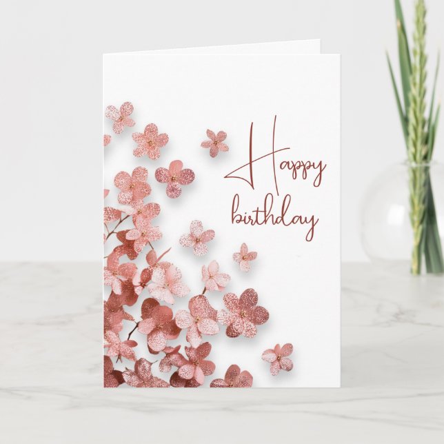Rosa glitter blommor blomster kvinna födelsedag kort (Framsida)