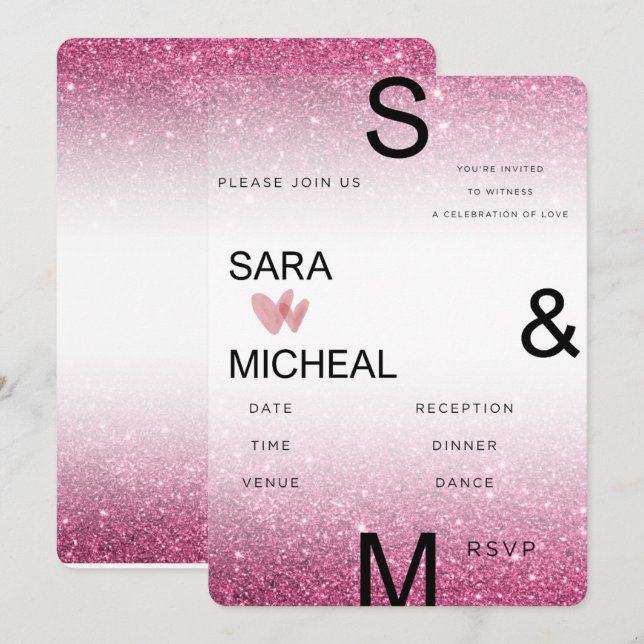 Rosa Glitter Bröllopsinbjudan – Modern Minimalism Inbjudningar (Fram/baksida)