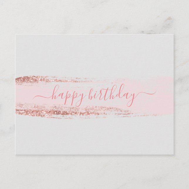 Rosa Glitter Brushstroke Birthday Vykort (Framsida)