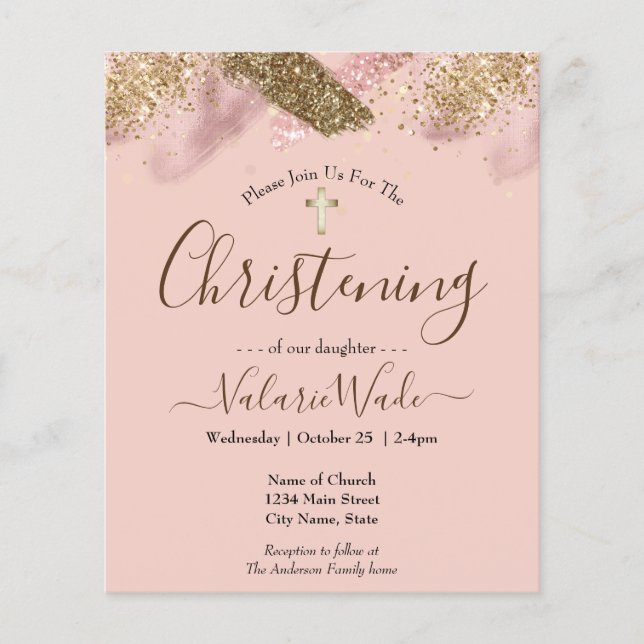 Rosa Glitter budget Christening Flyer (Framsidan)