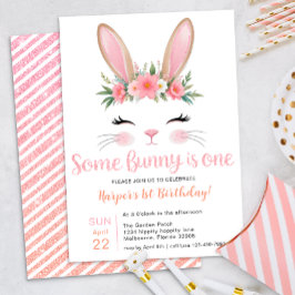 Rosa Glitter Bunny Blommigt Första födelsedag Inbjudningar