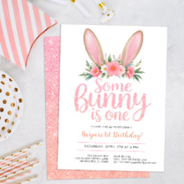 Rosa Glitter Bunny Blommigt Första Födelsedagsfest Inbjudningar