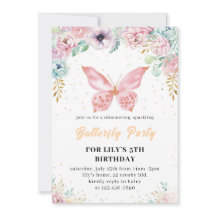 Rosa glitter butterfly Birthday bjudande 2025