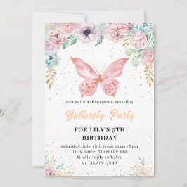 Rosa glitter butterfly Birthday bjudande 2025 Inbjudningar