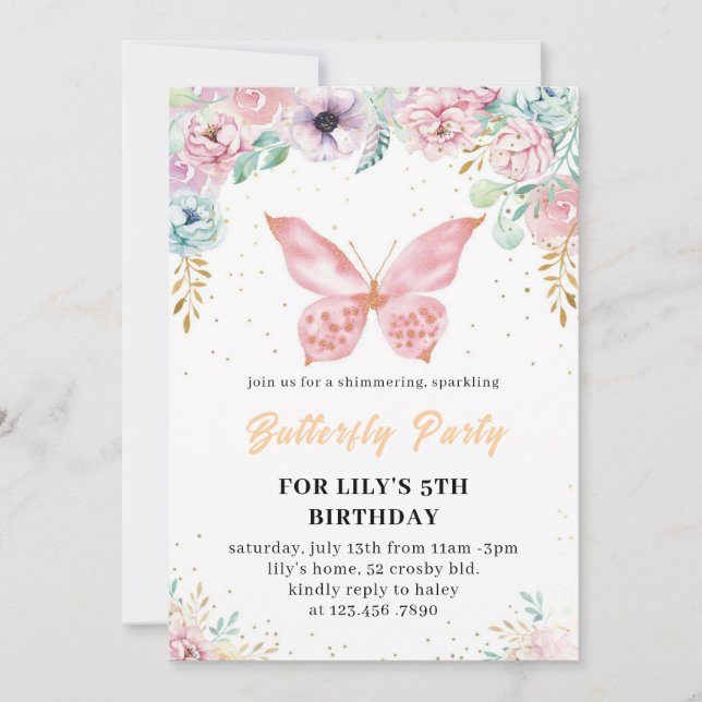 Rosa glitter butterfly Birthday bjudande 2025 Inbjudningar (Framsida)