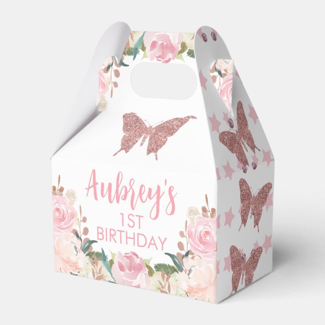 Rosa Glitter Butterfly Birthday Gable Favoritbox Presentaskar (Framsidan Sidan)