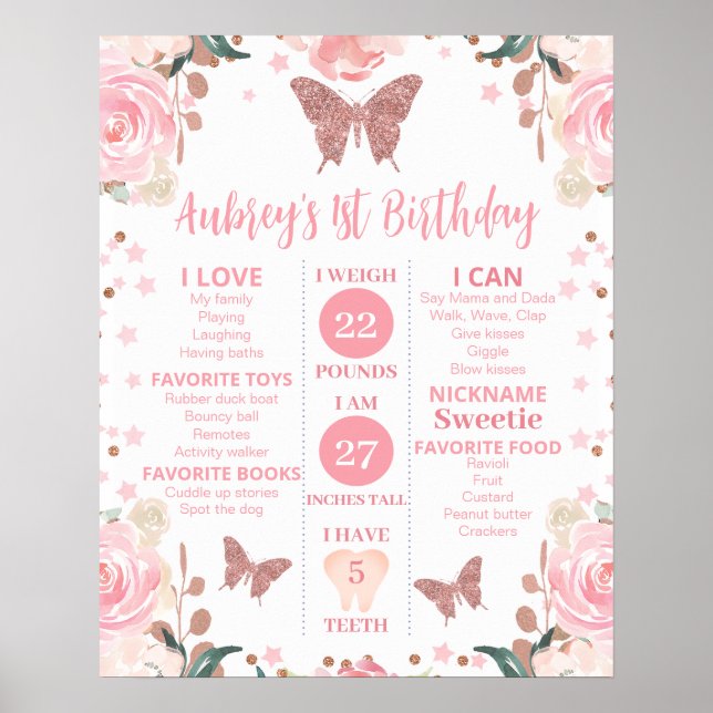Rosa Glitter Butterfly Birthday Milestone Poster (Framsidan)