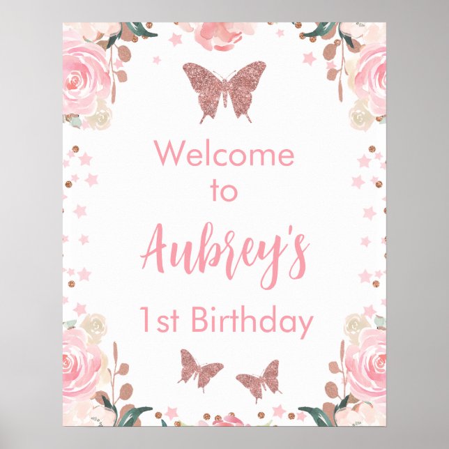 Rosa Glitter Butterfly Birthday Välkommen Poster (Framsidan)