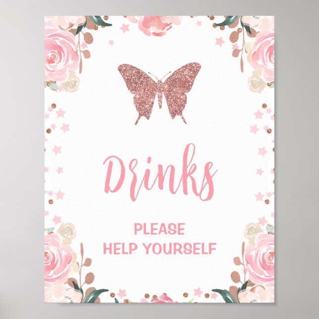 Rosa Glitter Butterfly Drink Födelsedagsfest Sign Poster (Framsidan)