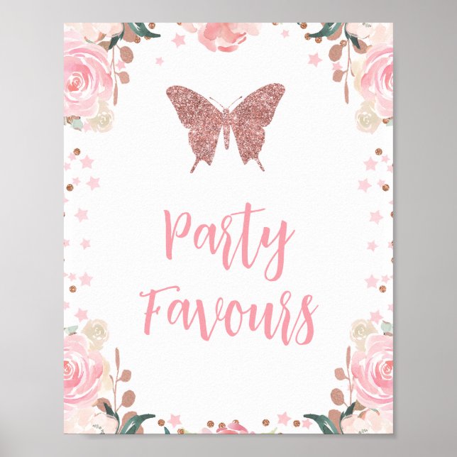 Rosa Glitter Butterfly Party favors Birthday Sign Poster (Framsidan)