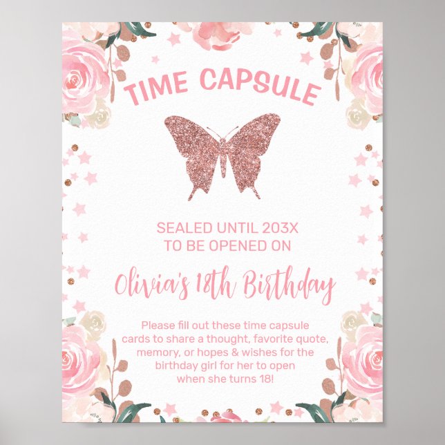 Rosa Glitter Butterfly Time Capsule Sign Poster (Framsidan)