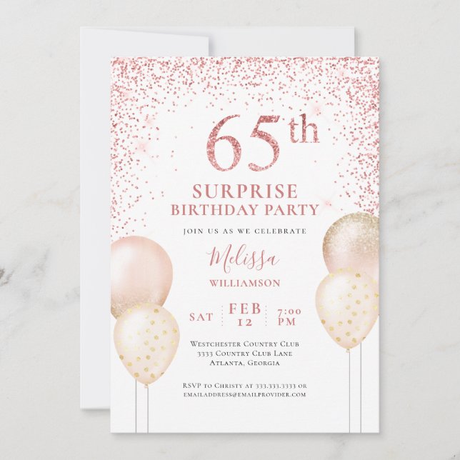 Rosa Glitter Calligraphy Surprise 65e Birthday Inbjudningar (Framsida)