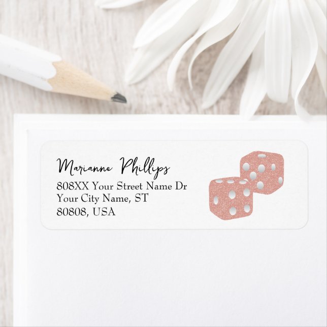 Rosa Glitter Casino Dice Returadress Etikett (Insitu)
