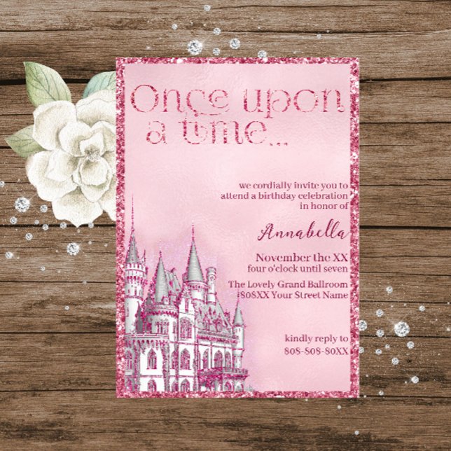 Rosa Glitter Castle Fairy Tale Theme Inbjudningar (Skapare uppladdad)