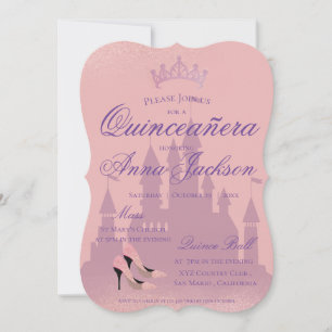 Rosa Glitter Castle Quinceanera Party Inbjudan