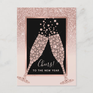Rosa Glitter Champagne Toast - nytt år Vykort