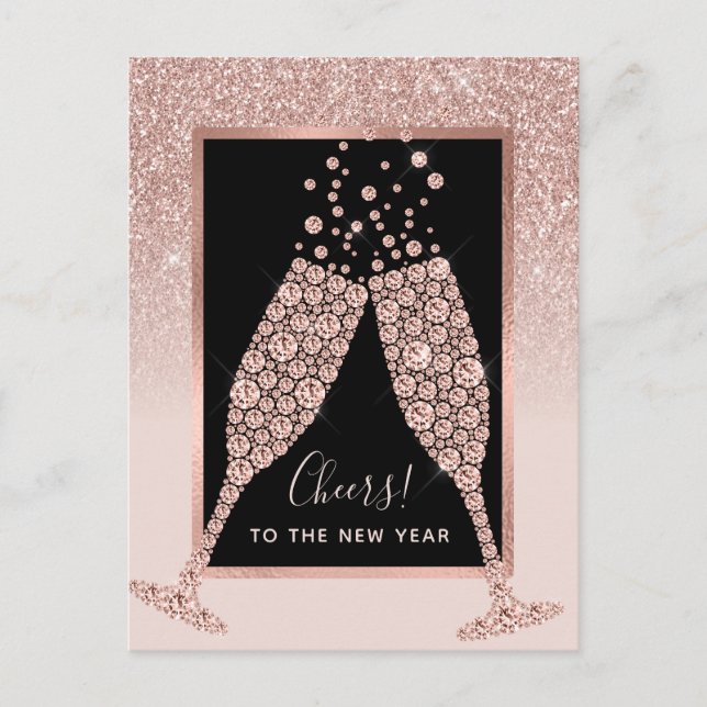  Rosa Glitter Champagne Toast - nytt år Vykort (Framsida)