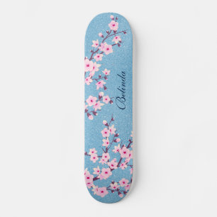 Rosa Glitter Cherry Blommar Monogram Girly Mini Skateboard Bräda 18,5 Cm