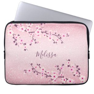 Rosa Glitter Cherry Blommar Monogram Laptop Sleeve