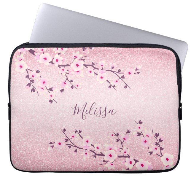 Rosa Glitter Cherry Blommar Monogram Laptop Sleeve (Framsidan)