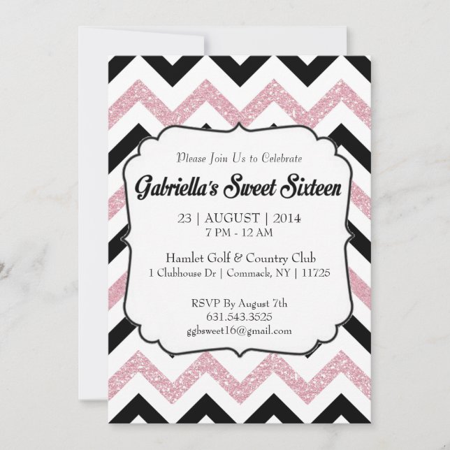 Rosa Glitter Chevron Sweet 16 Inbjudan (Framsida)