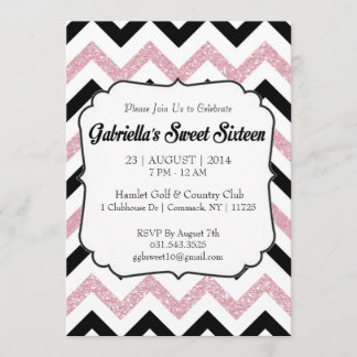 Rosa Glitter Chevron Sweet 16 Inbjudan